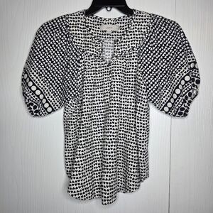 LOFT Navy Blue & White Heart-Print Puff Sleeve Blouse-Size XS Petites